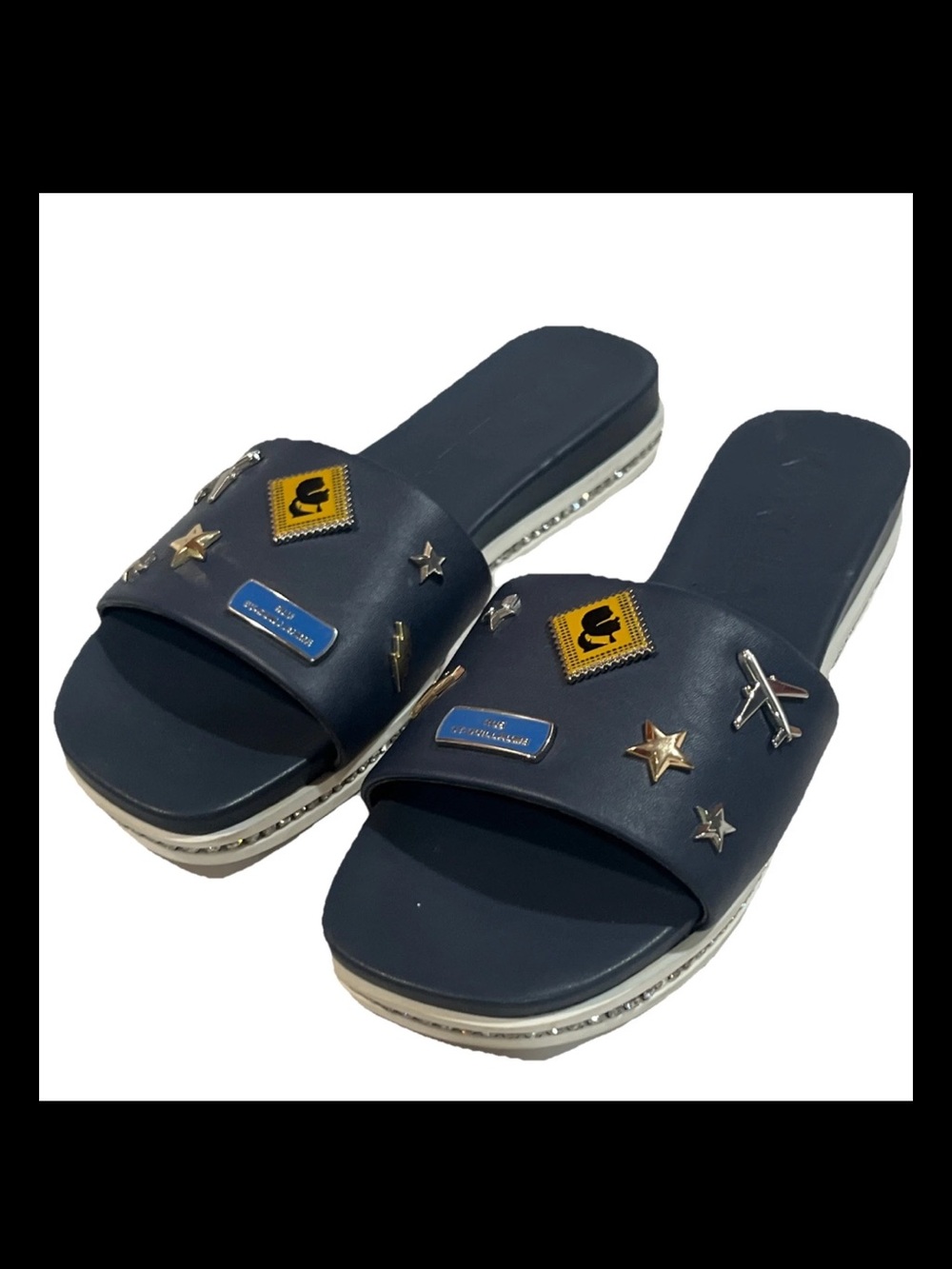 Karl Lagerfeld Navy Slide Sandals with Metallic Charms
